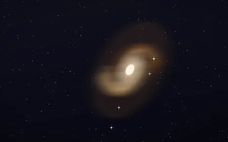 Amber Over Indigo Spiral — dark black, brown and beige galaxy background