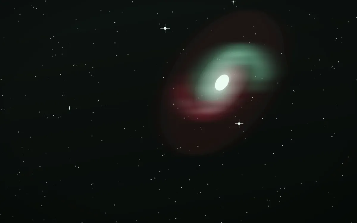 Crimson Emerald Field Spiral — dark black, red and white galaxy background