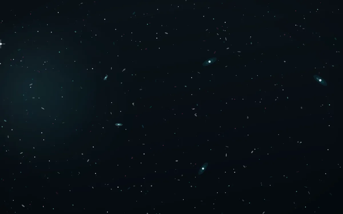 Vela Shockfront Deep Field — dark black, pink and teal galaxy background