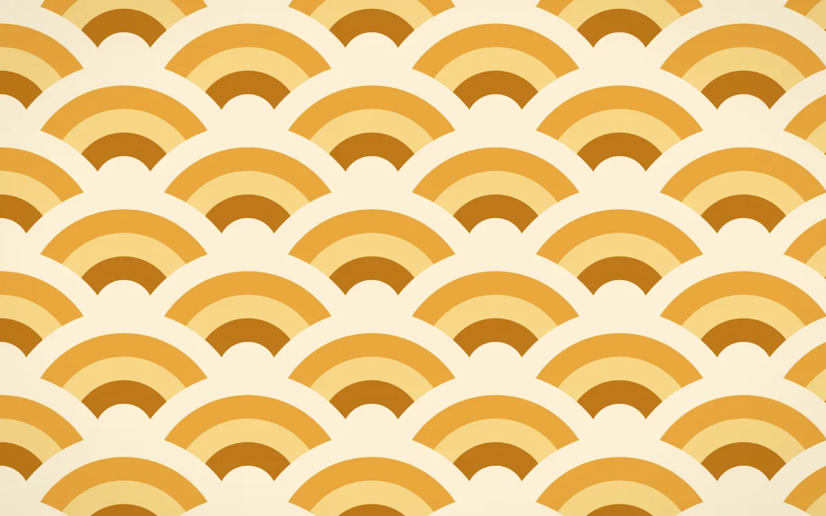 Marigold Temple Grand Wave Crests — colourful orange and beige seigaiha background