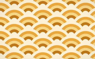 Marigold Temple Grand Wave Crests — colourful orange and beige seigaiha background