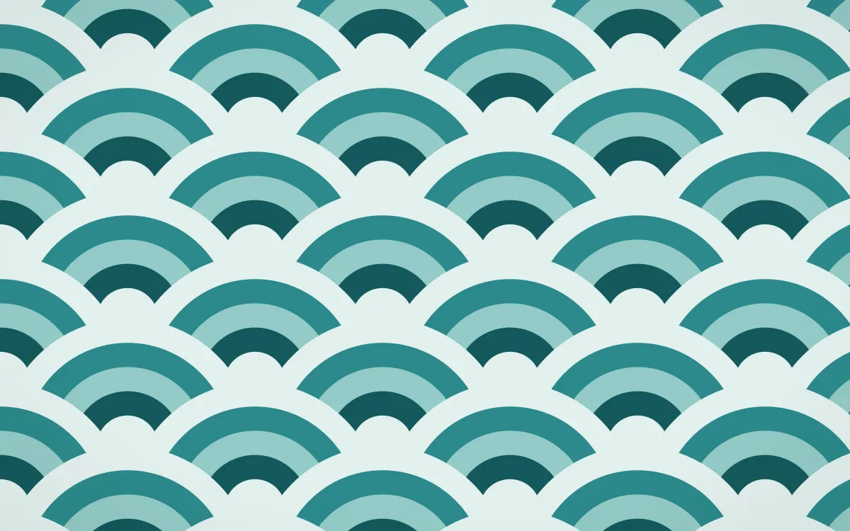 Peacock Court Grand Wave Crests — colourful teal and white seigaiha background