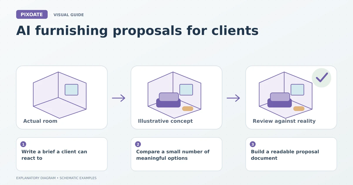 Explanatory diagram for AI furnishing proposals for clients, showing schematic room layouts and furnishing symbols.