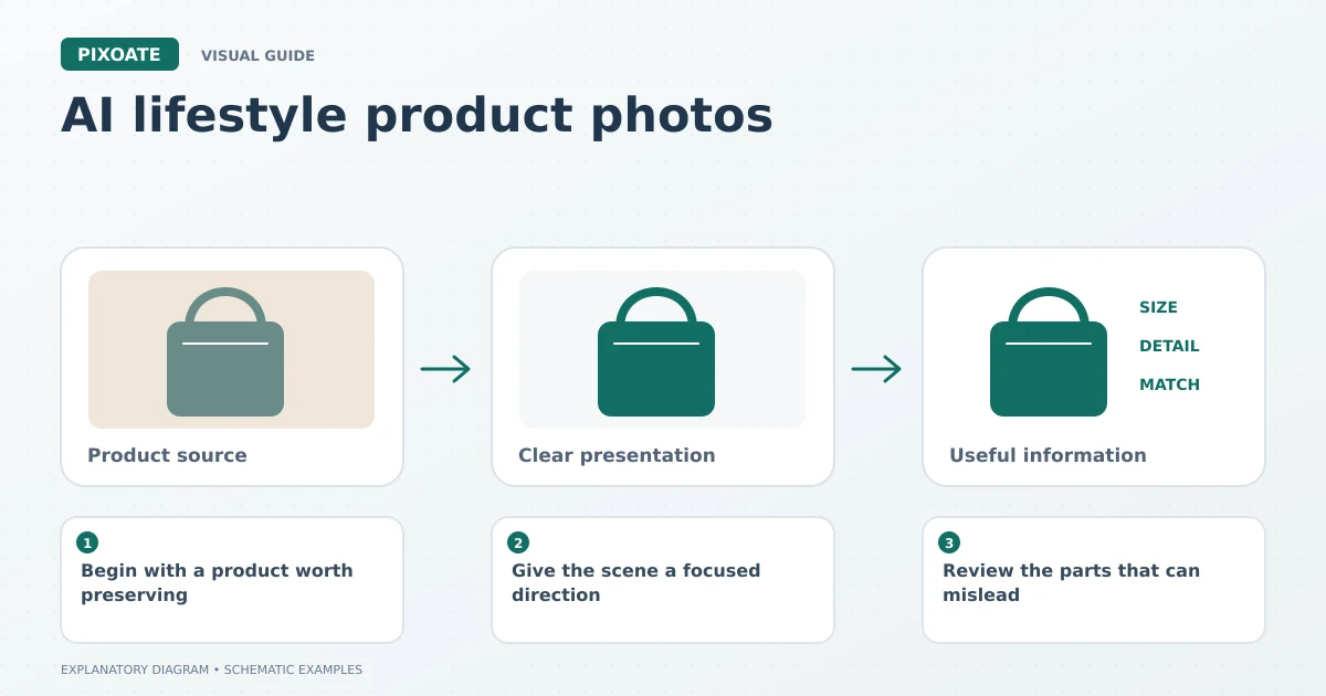 Explanatory diagram for AI lifestyle product photos, showing product-image frames and a review sequence.