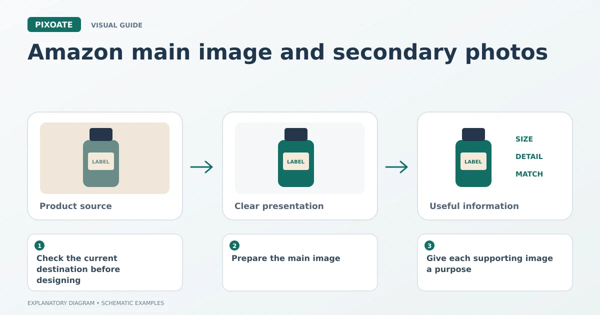 Explanatory diagram for Amazon main image and secondary photos, showing product-image frames and a review sequence.