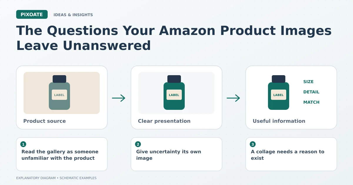 Explanatory diagram for Amazon product images buyer questions, showing product-image frames and a review sequence.