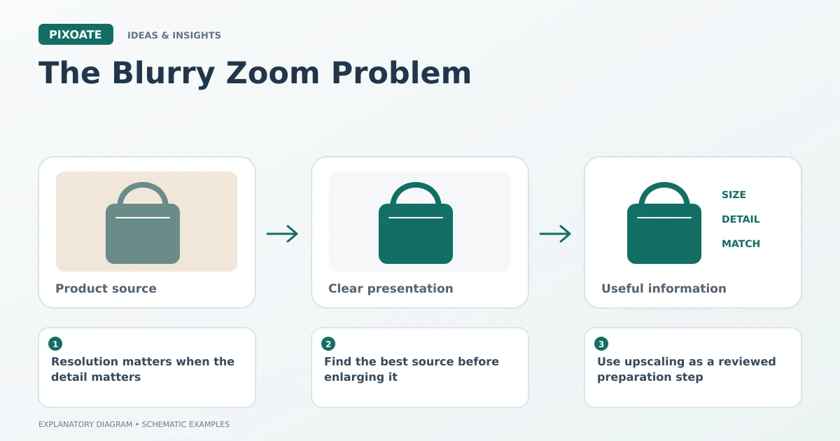Explanatory diagram for blurry product image zoom, showing product-image frames and a review sequence.