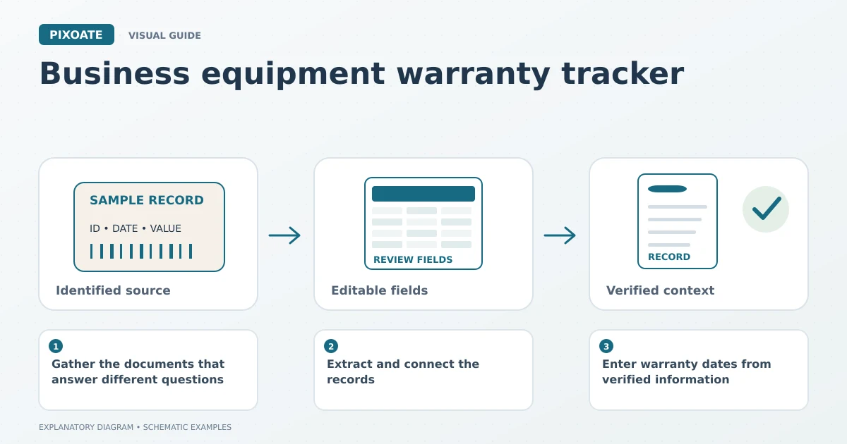Explanatory diagram for business equipment warranty tracker, showing an identified source label, editable fields and a reviewed record.