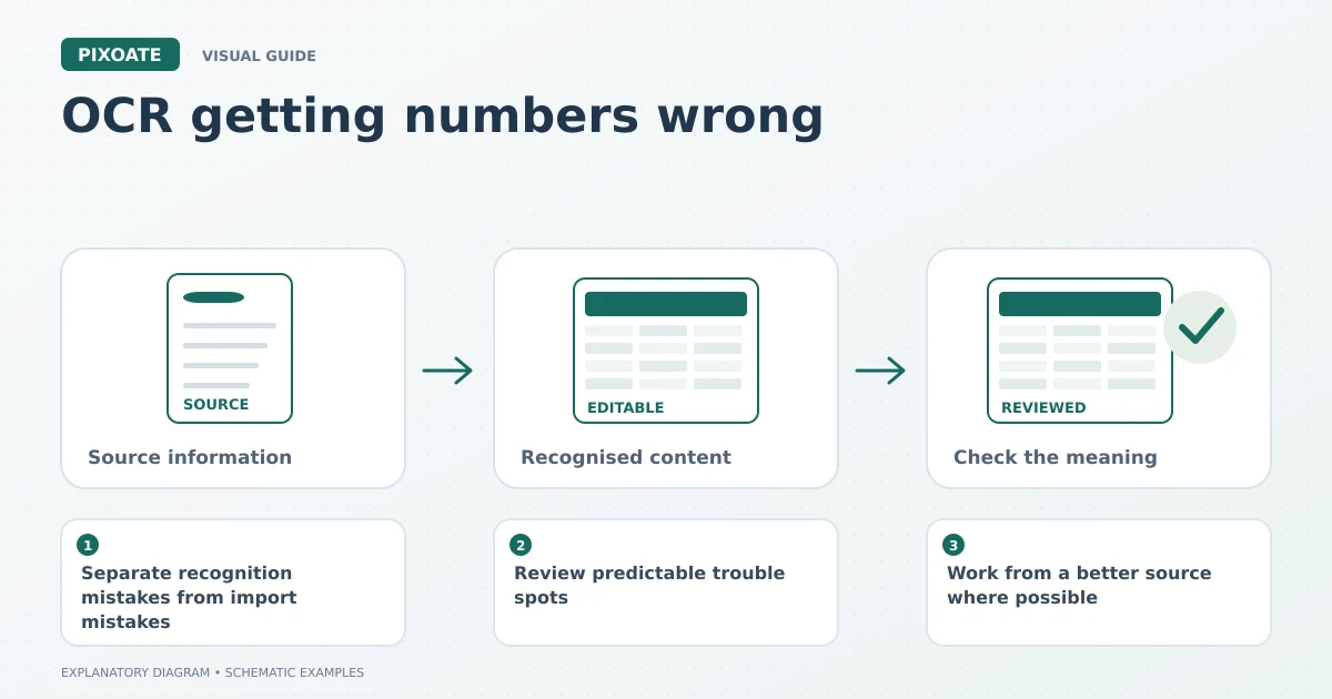 Explanatory diagram for OCR getting numbers wrong, showing a source table, editable cells and a reviewed data record.