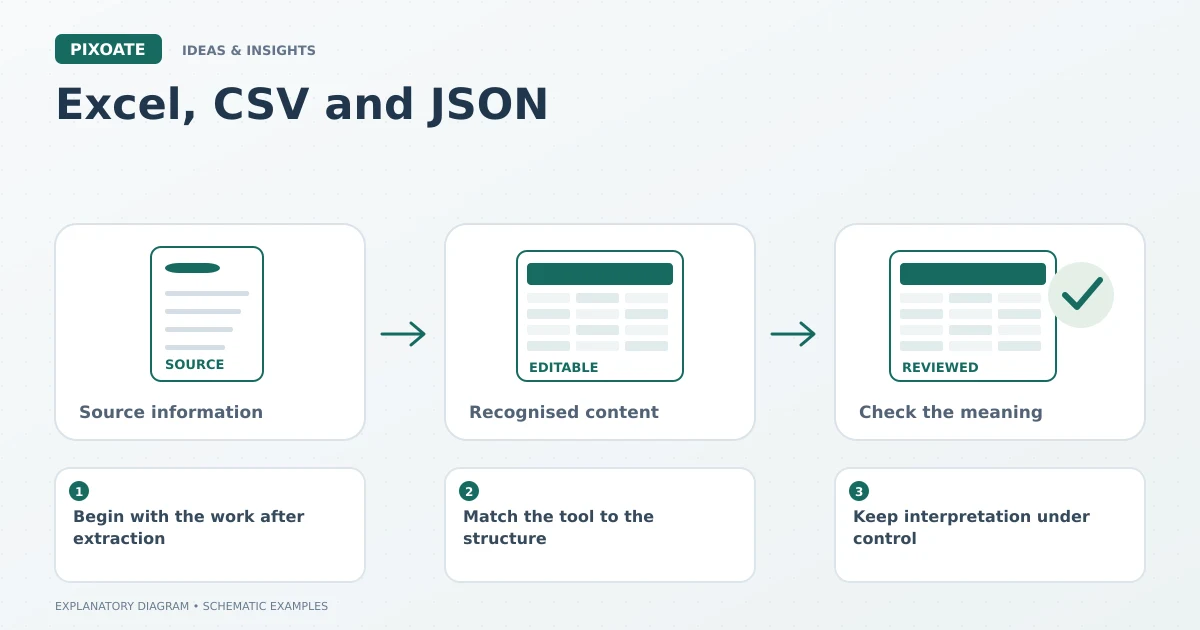 Explanatory diagram for OCR output Excel CSV JSON, showing a source table, editable cells and a reviewed data record.