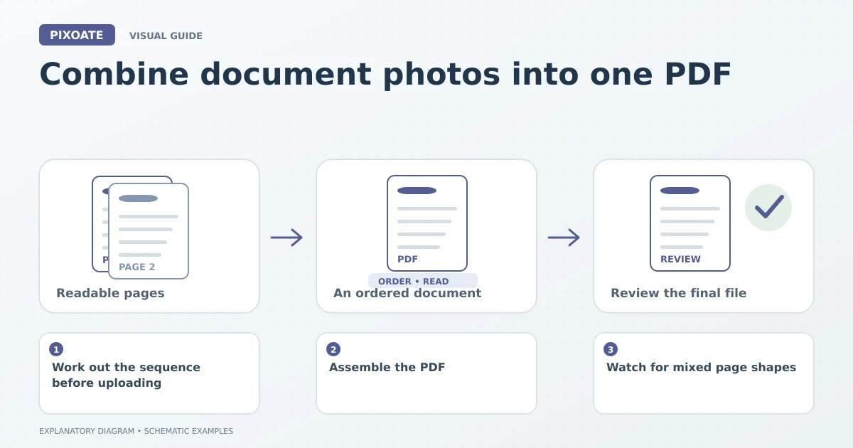 Explanatory diagram for combine document photos into one PDF, showing image pages, an ordered PDF and a document review.