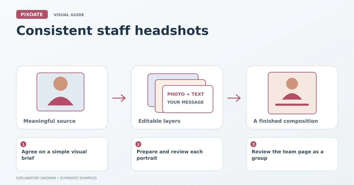 Explanatory diagram for consistent staff headshots, showing editable image, text and graphic layers.