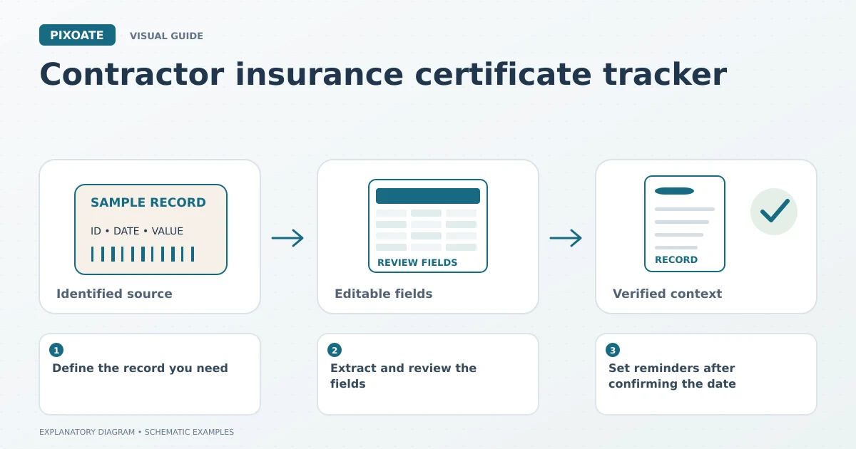 Explanatory diagram for contractor insurance certificate tracker, showing an identified source label, editable fields and a reviewed record.