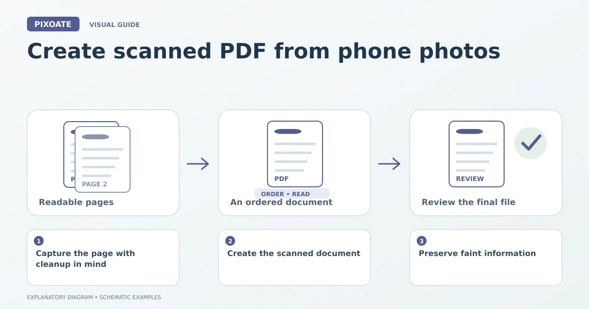 Explanatory diagram for create scanned PDF from phone photos, showing image pages, an ordered PDF and a document review.