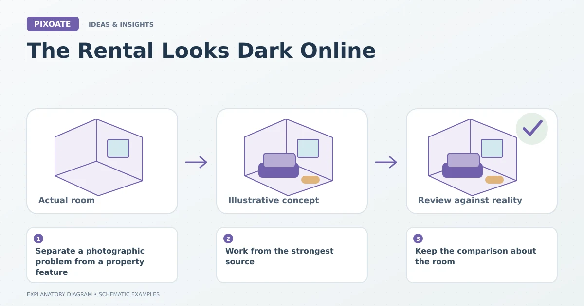 Explanatory diagram for dark rental listing photos, showing schematic room layouts and furnishing symbols.