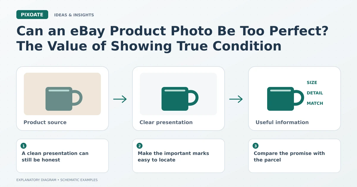 Explanatory diagram for eBay product photo editing trust, showing product-image frames and a review sequence.