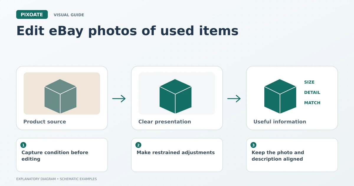 Explanatory diagram for edit eBay photos of used items, showing product-image frames and a review sequence.