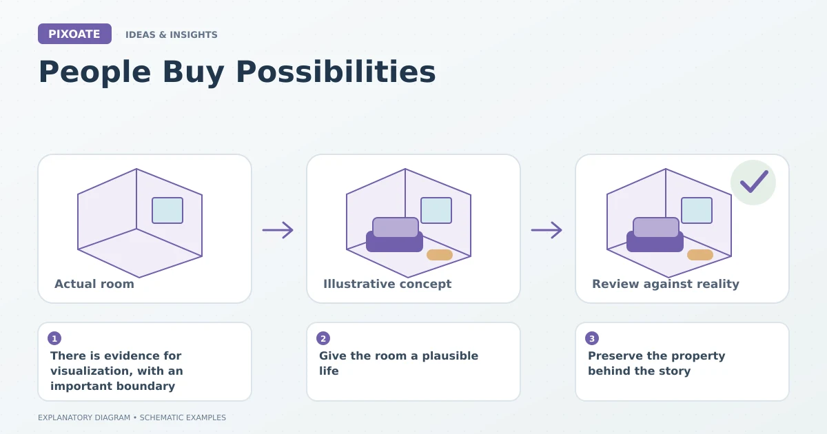 Explanatory diagram for why real estate listings need virtual staging, showing schematic room layouts and furnishing symbols.