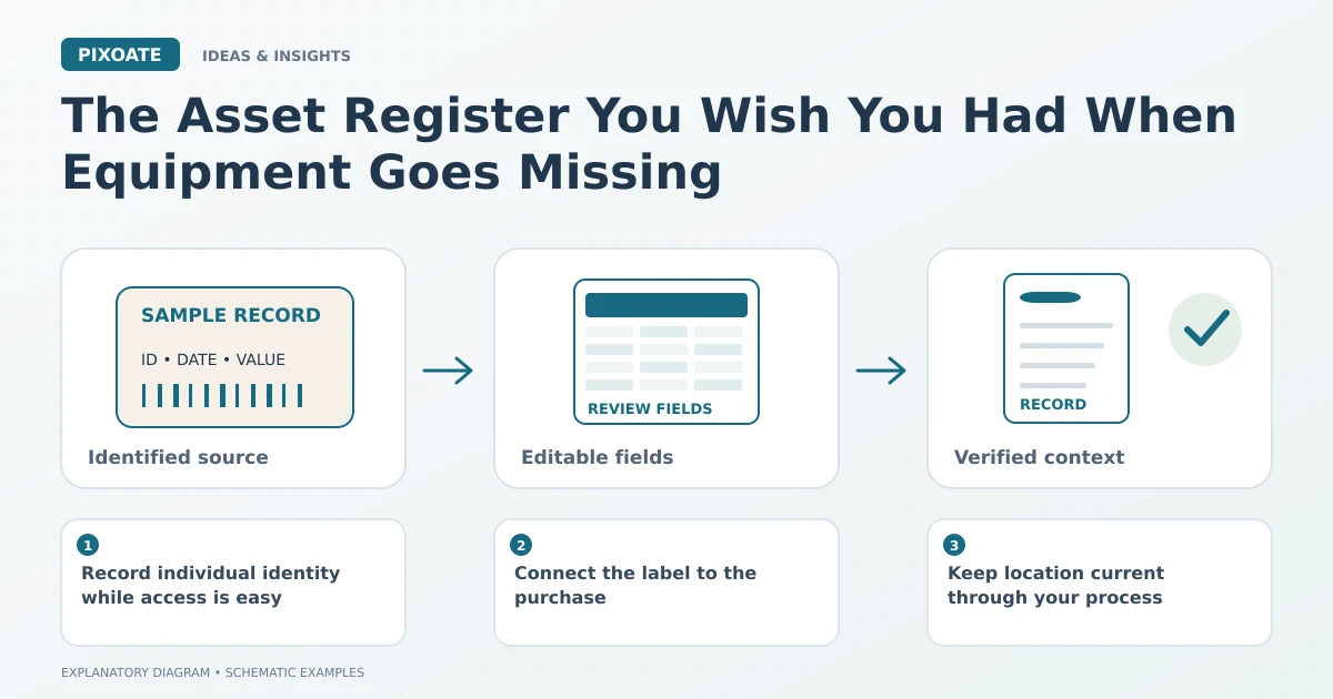 Explanatory diagram for equipment asset register serial numbers, showing an identified source label, editable fields and a reviewed record.
