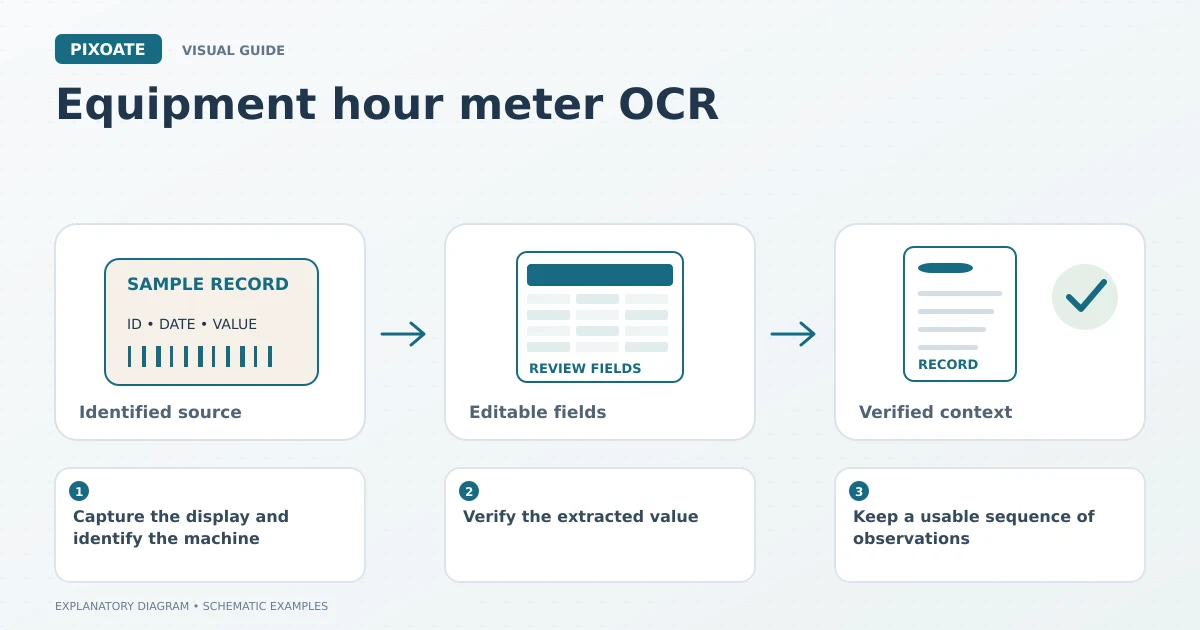 Explanatory diagram for equipment hour meter OCR, showing an identified source label, editable fields and a reviewed record.