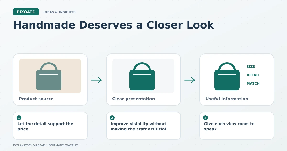 Explanatory diagram for Etsy product photos craftsmanship, showing product-image frames and a review sequence.