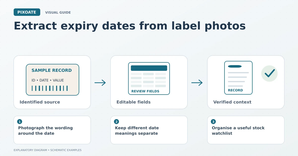 Explanatory diagram for extract expiry dates from label photos, showing an identified source label, editable fields and a reviewed record.