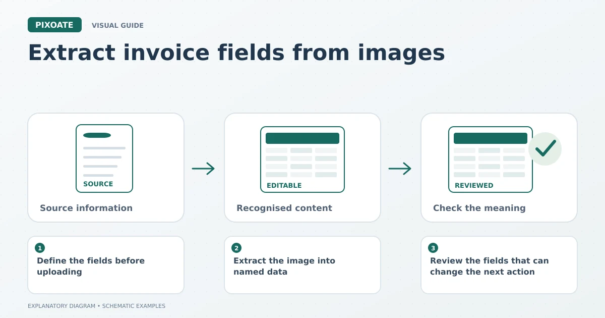 Explanatory diagram for extract invoice fields from images, showing a source table, editable cells and a reviewed data record.