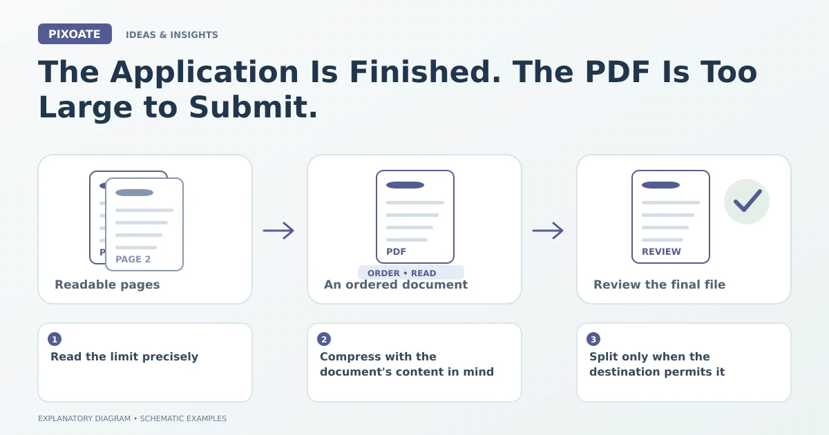 Explanatory diagram for PDF too large to submit, showing image pages, an ordered PDF and a document review.