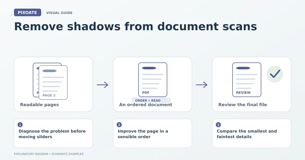 Explanatory diagram for remove shadows from document scans, showing image pages, an ordered PDF and a document review.