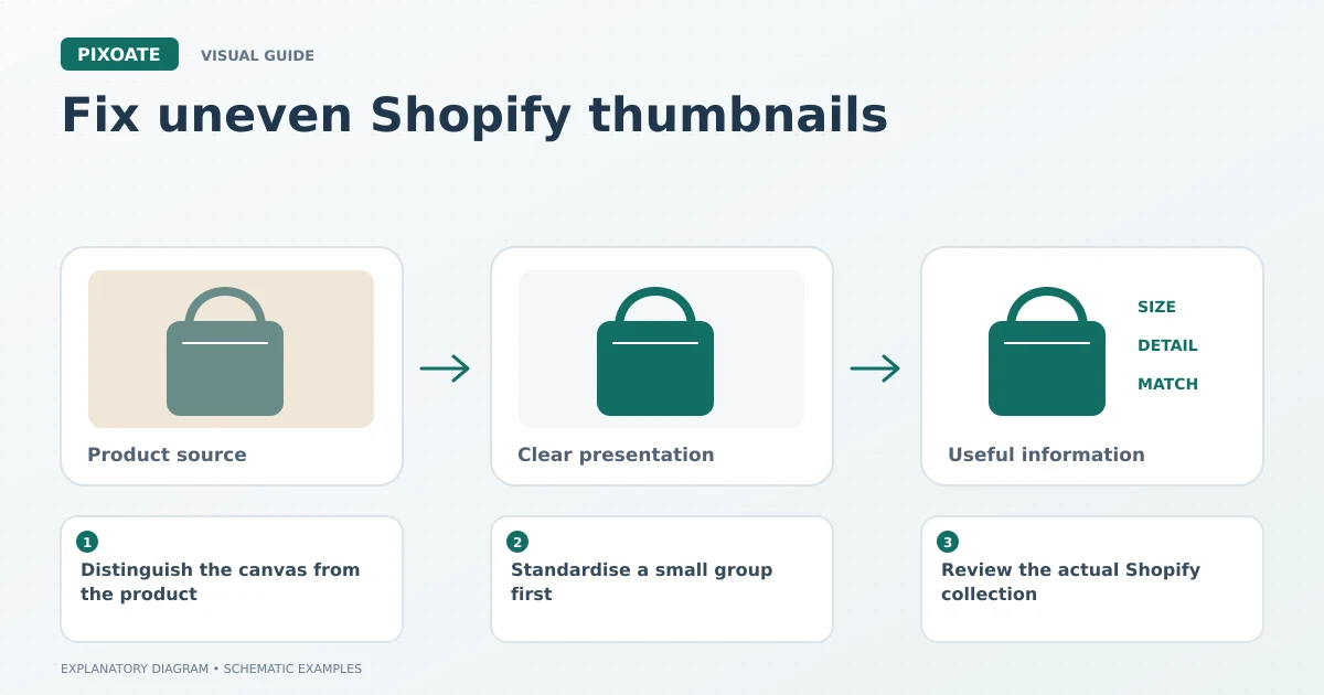 Explanatory diagram for fix uneven Shopify thumbnails, showing product-image frames and a review sequence.