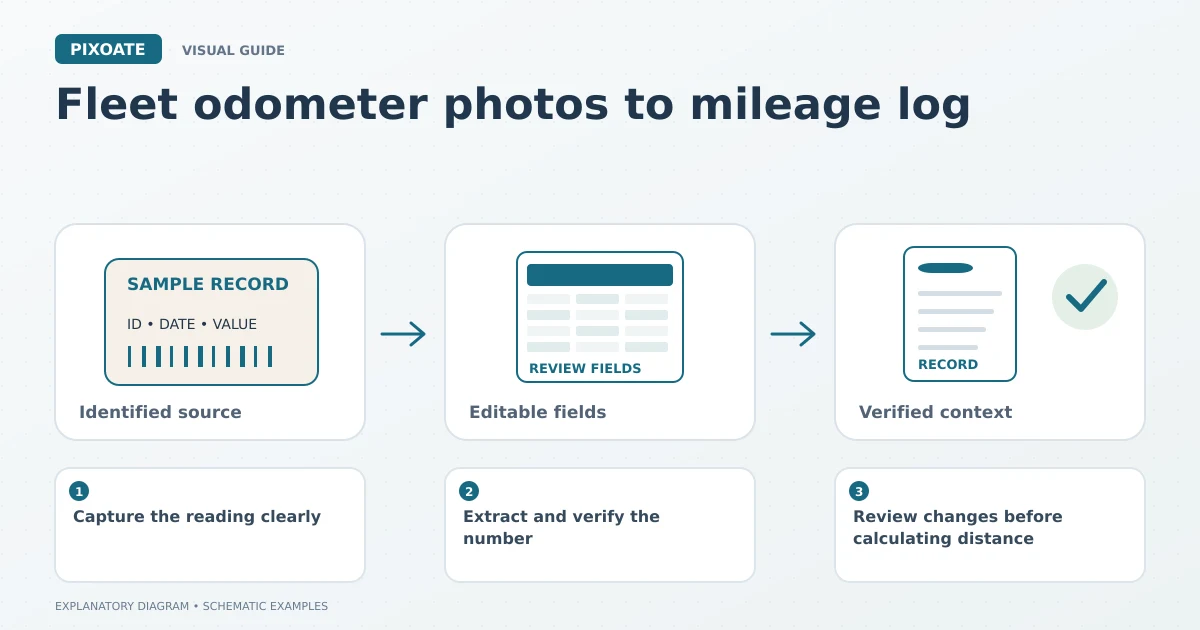Explanatory diagram for fleet odometer photos to mileage log, showing an identified source label, editable fields and a reviewed record.