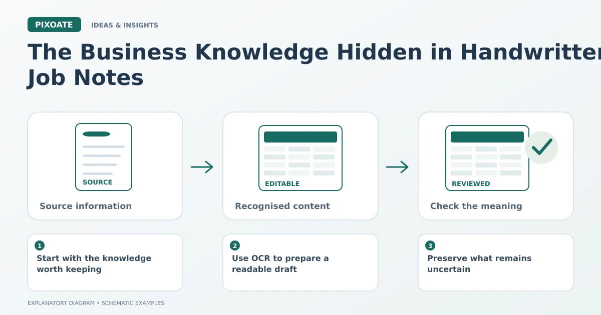 Explanatory diagram for handwritten business notes digitization, showing a source table, editable cells and a reviewed data record.