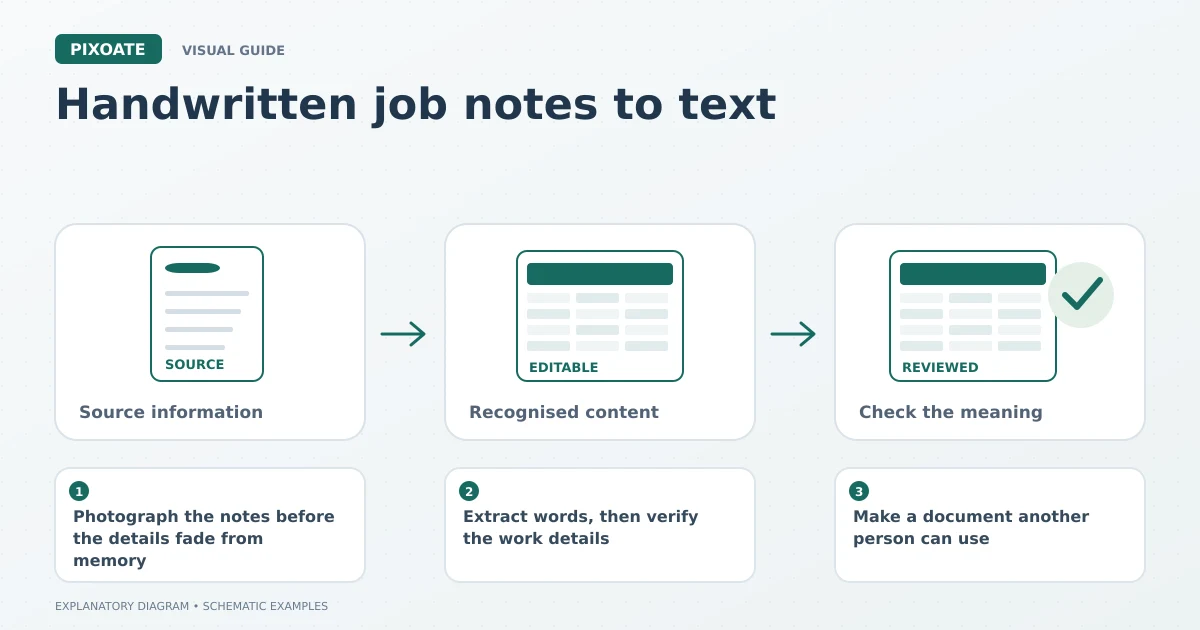 Explanatory diagram for handwritten job notes to text, showing a source table, editable cells and a reviewed data record.