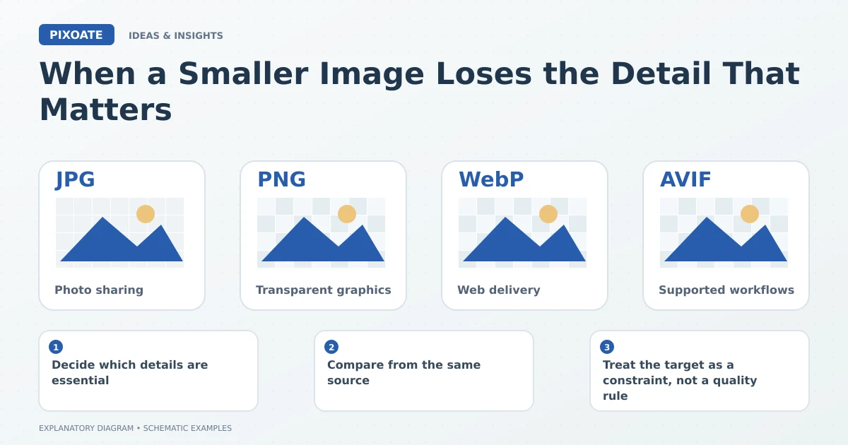 Explanatory diagram for image compression loses product detail, showing image-format cards labelled JPG, PNG, WebP and AVIF.