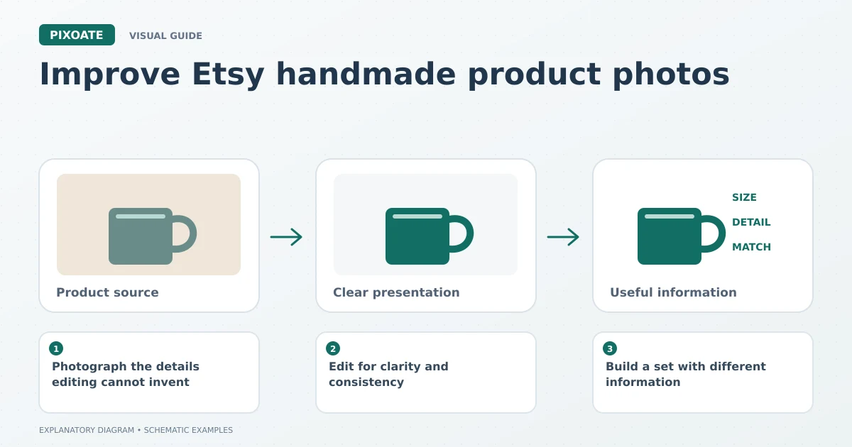 Explanatory diagram for improve Etsy handmade product photos, showing product-image frames and a review sequence.