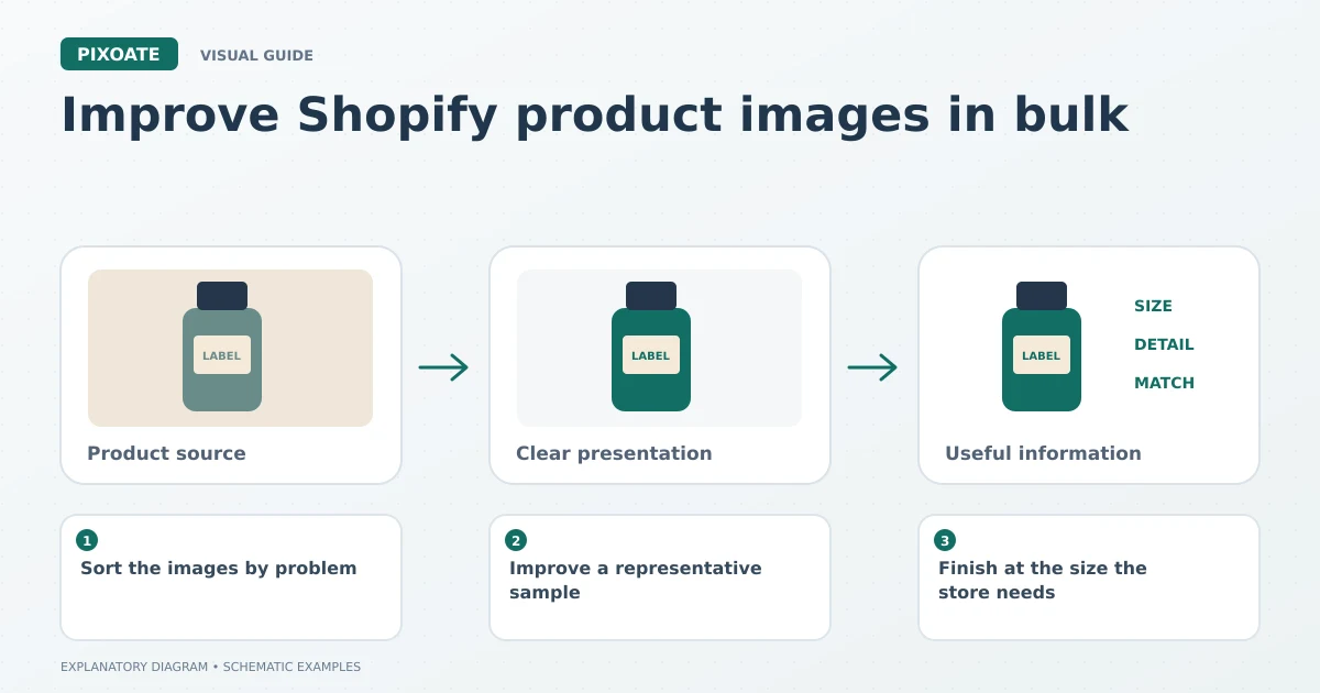 Explanatory diagram for improve Shopify product images in bulk, showing product-image frames and a review sequence.