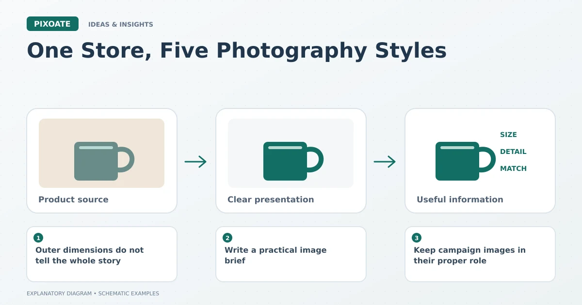 Explanatory diagram for inconsistent Shopify product photography, showing product-image frames and a review sequence.