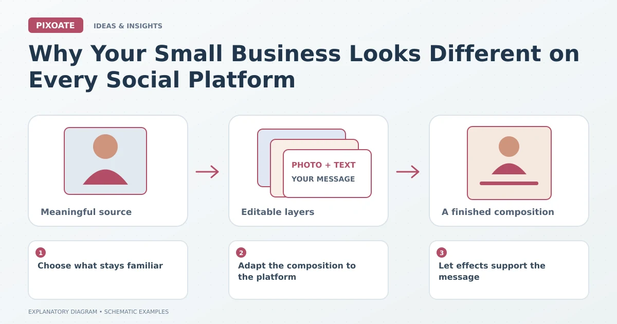 Explanatory diagram for consistent small business social graphics, showing editable image, text and graphic layers.