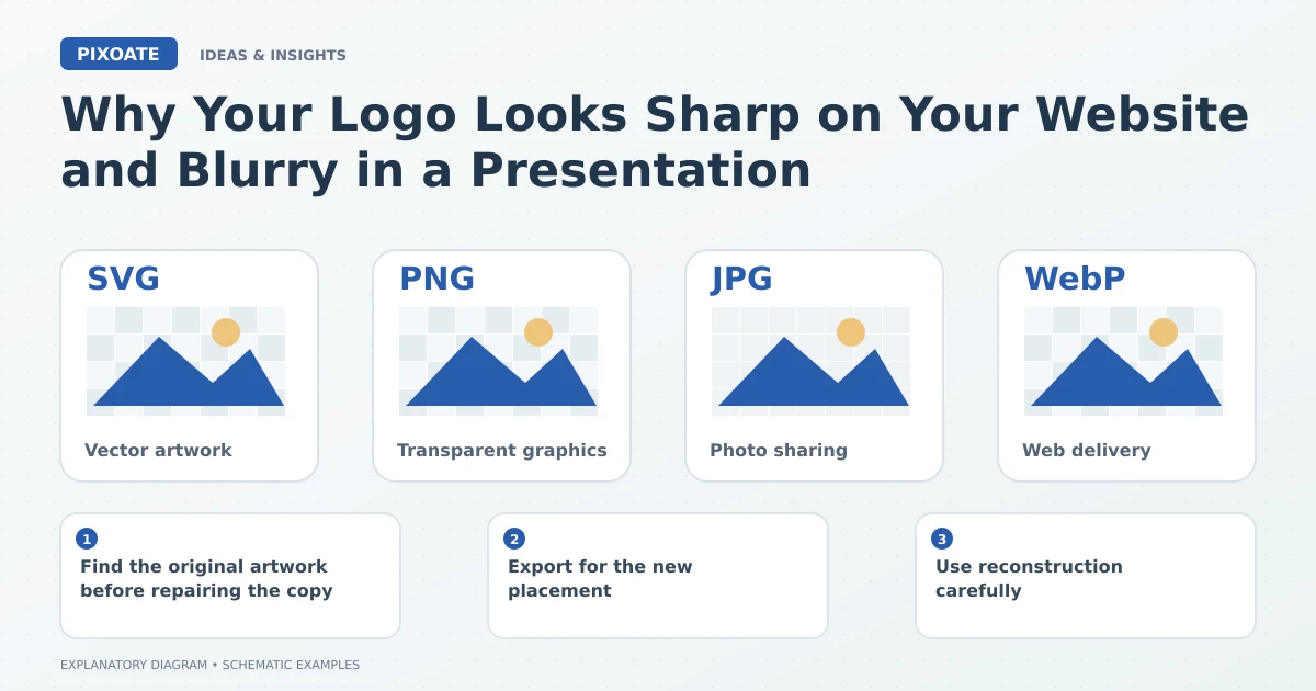 Explanatory diagram for logo blurry in presentation, showing format cards labelled SVG, PNG, JPG and WebP.
