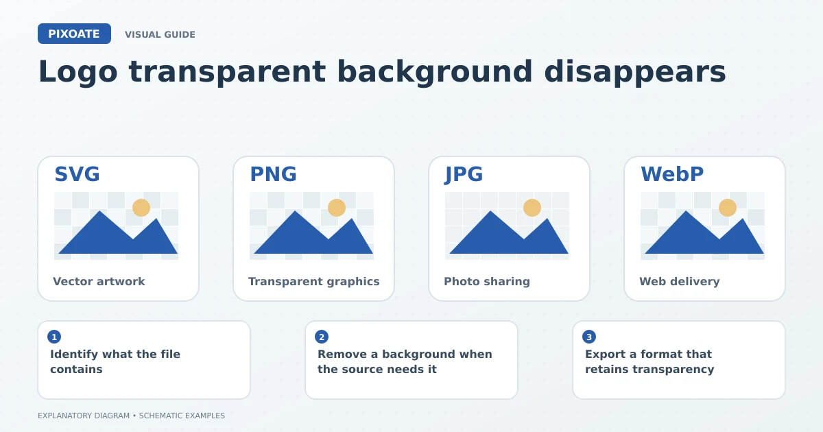 Explanatory diagram for logo transparent background disappears, showing format cards labelled SVG, PNG, JPG and WebP.