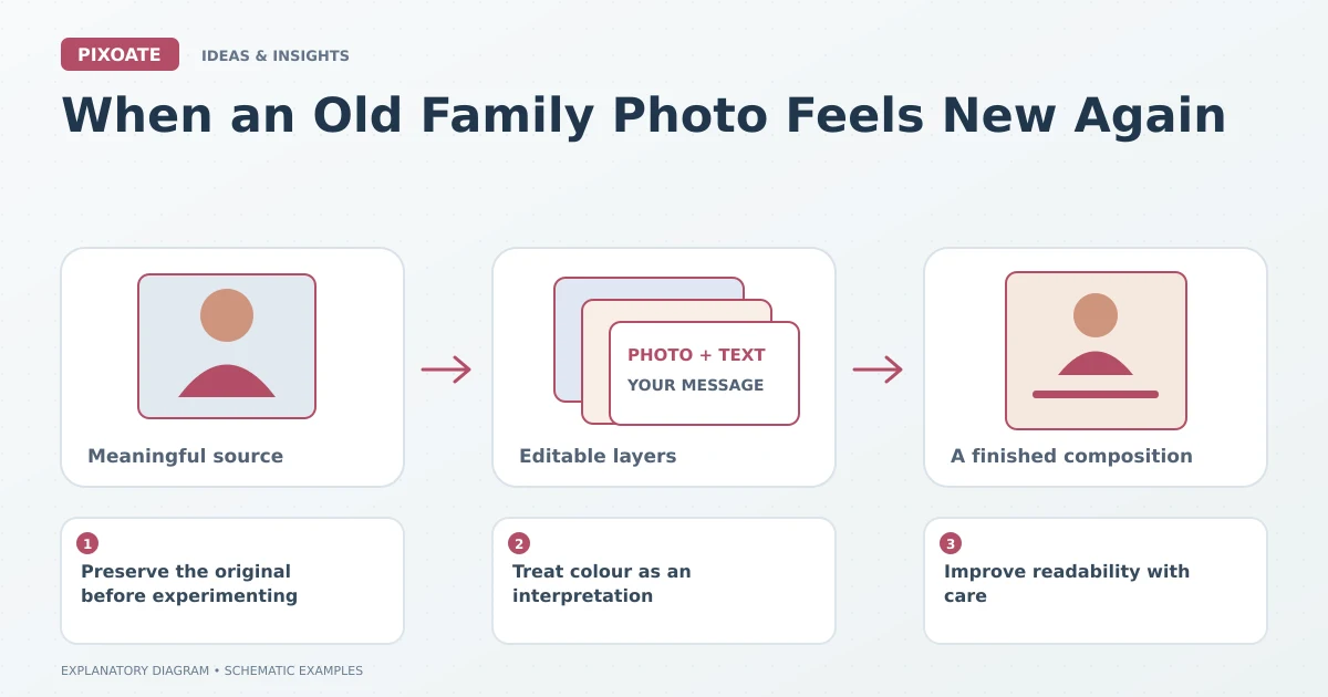 Explanatory diagram for AI family photo colorization, showing editable image, text and graphic layers.