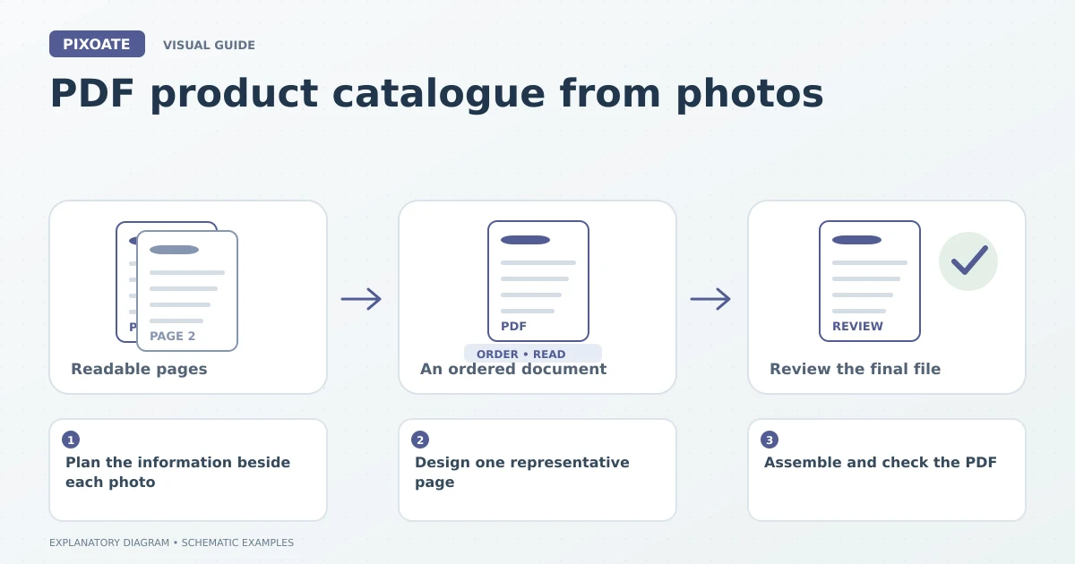 Explanatory diagram for PDF product catalogue from photos, showing image pages, an ordered PDF and a document review.