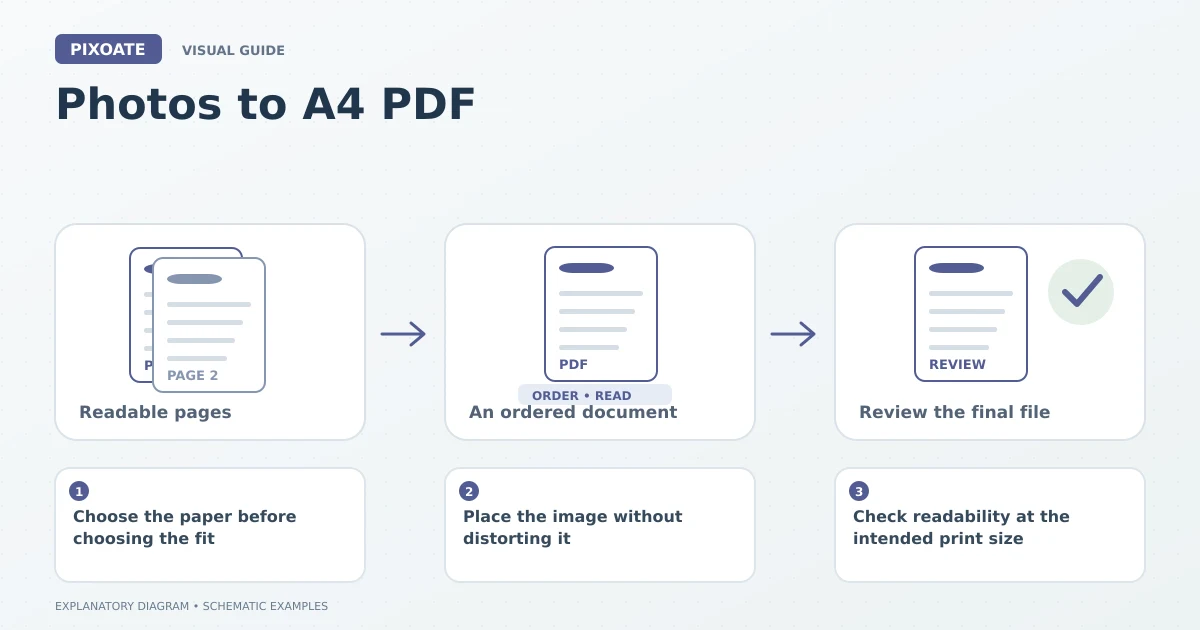 Explanatory diagram for photos to A4 PDF, showing image pages, an ordered PDF and a document review.