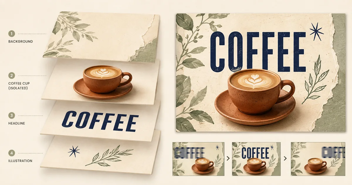 Separate background, coffee photo, headline and illustration layers beside a finished promotion and three motion frames.