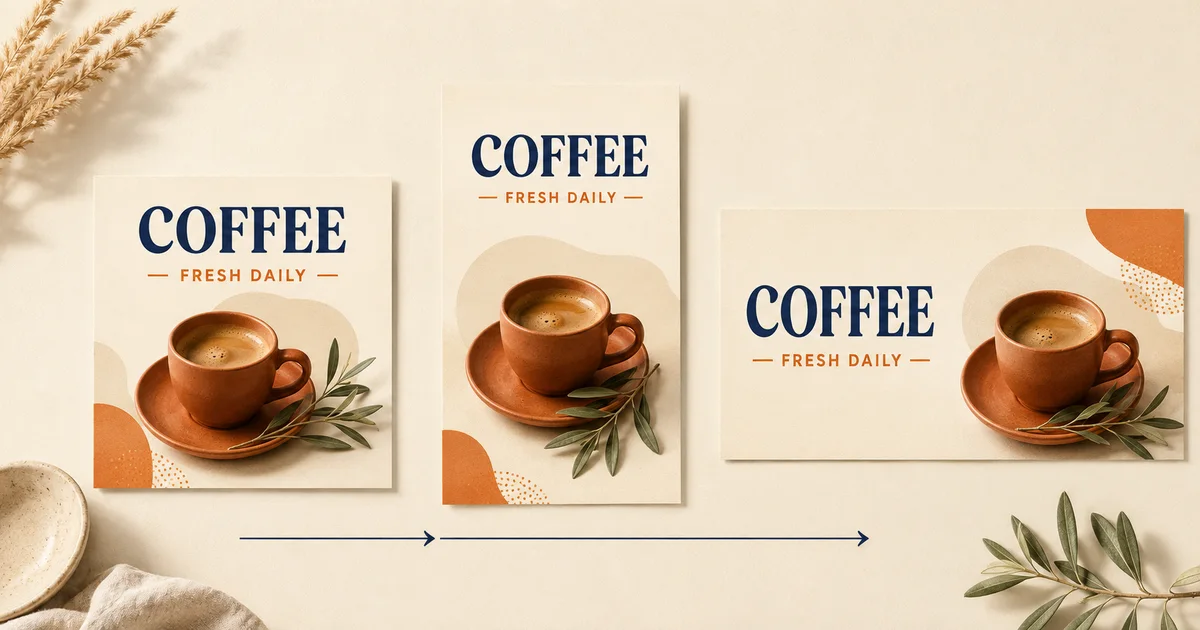 Square, portrait and landscape coffee promotions illustrating how a design can be adapted to different canvas shapes.
