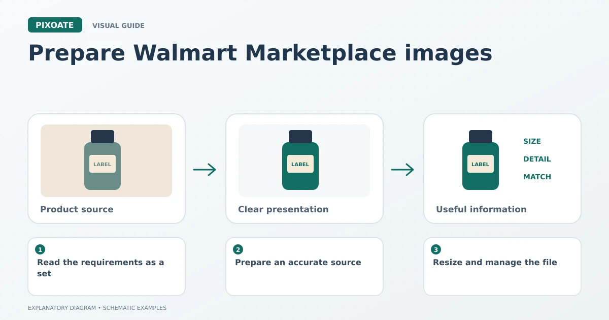 Explanatory diagram for prepare Walmart Marketplace images, showing product-image frames and a review sequence.