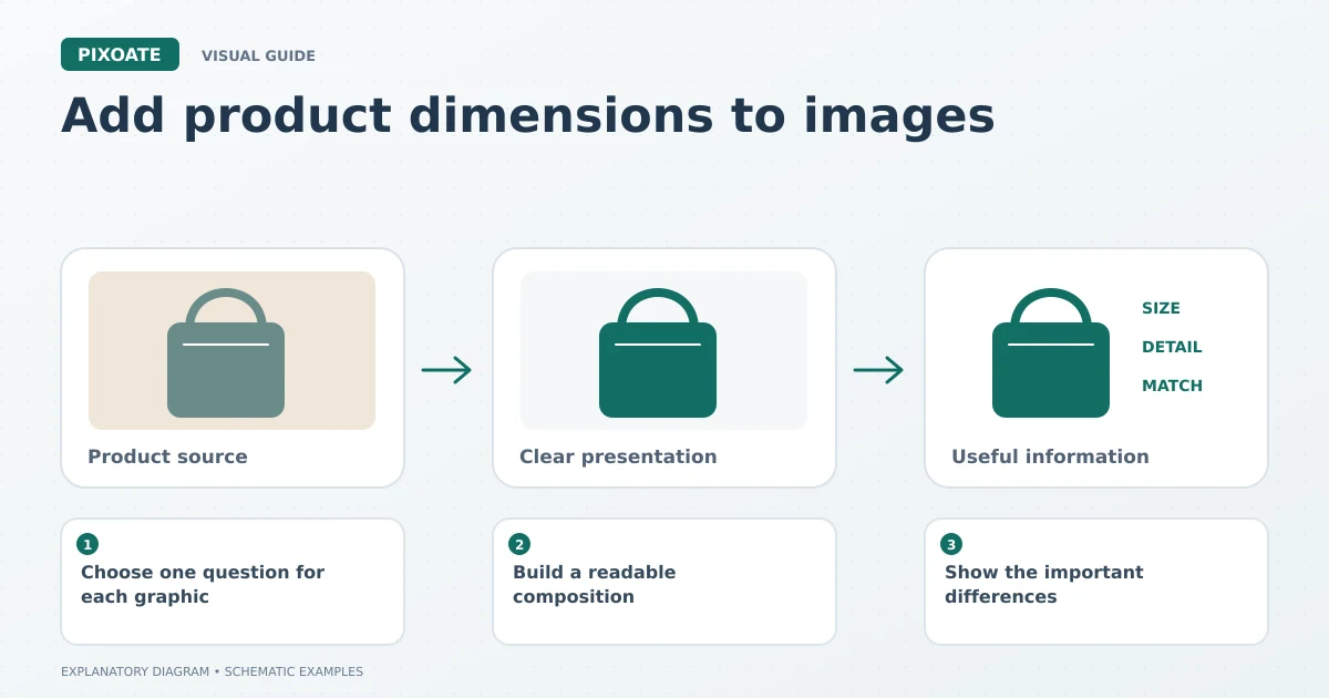 Explanatory diagram for add product dimensions to images, showing product-image frames and a review sequence.