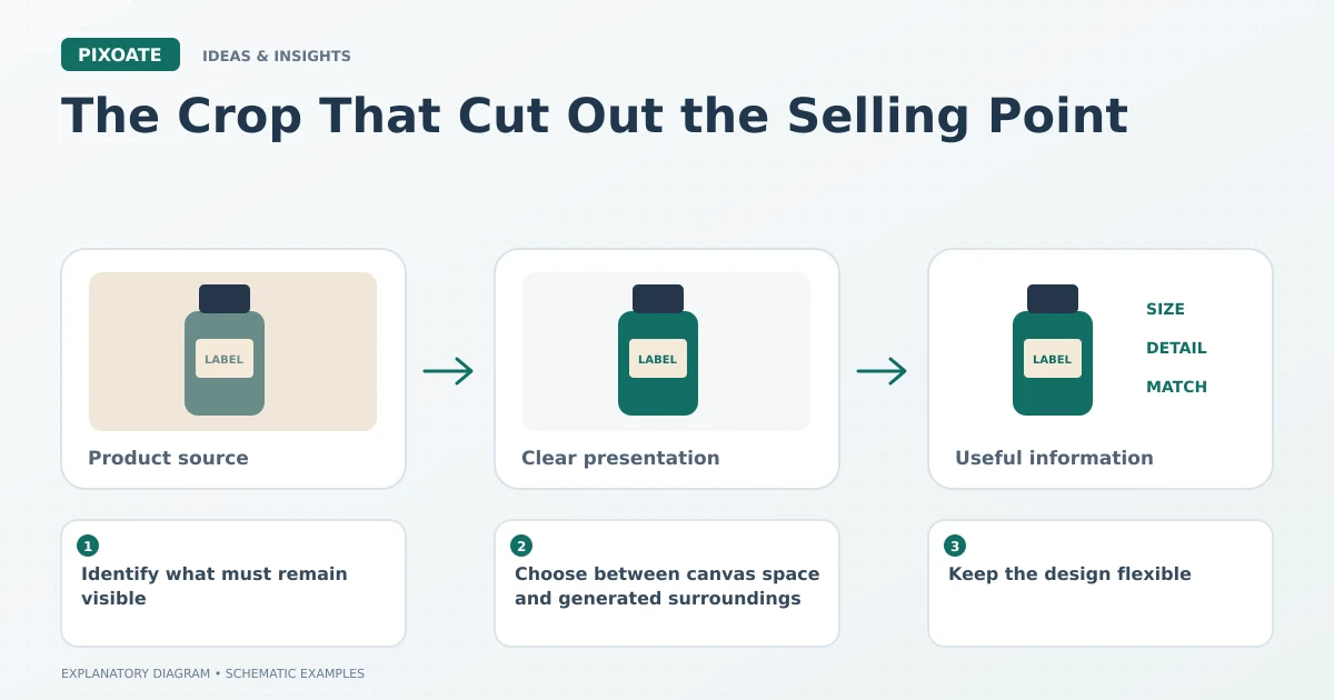 Explanatory diagram for product images cropped for social ads, showing product-image frames and a review sequence.