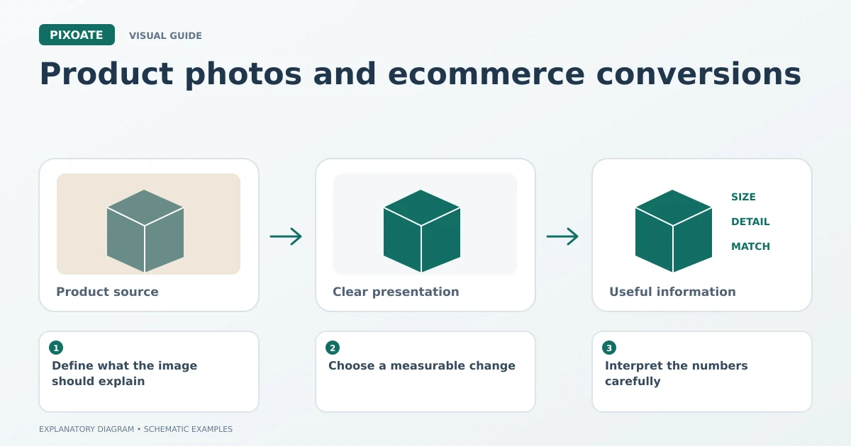 Explanatory diagram for product photos and ecommerce conversions, showing product-image frames and a review sequence.