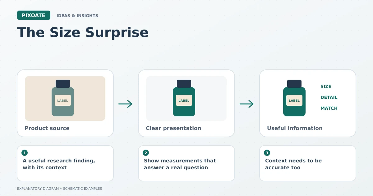 Explanatory diagram for product photos showing scale, showing product-image frames and a review sequence.